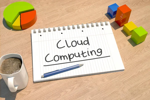 Cloud Computing Textový Koncept Notebookem Hrnkem Kávu Sloupcovým Grafem Koláčovým — Stock fotografie