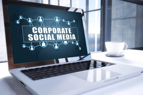 Corporate Social Media Text Modern Laptop Screen Office Environment Render — Stock Photo, Image