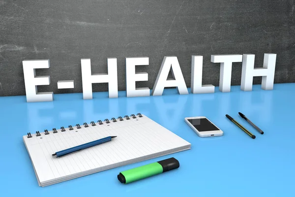 Health Text Concept Chalkboard Notebook Pens Mobile Phone Render Illustration — Stock Photo, Image