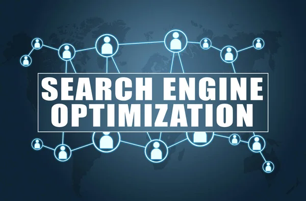 Optimalizace Pro Vyhledávače Koncept Textu Modrém Pozadí Mapou Světa Sociálními — Stock fotografie