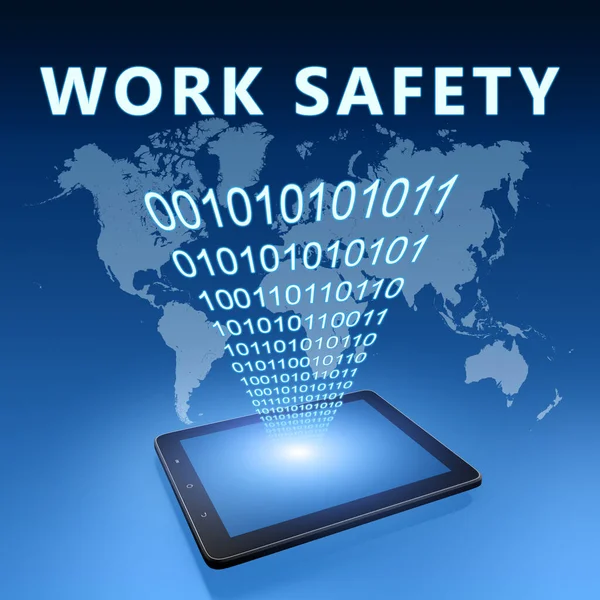 Work Safety Tekst Met Tablet Computer Blauwe Digitale Wereldkaart Achtergrond — Stockfoto