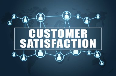 Müşteri memnuniyeti - dünya haritası ve sosyal simgelerle mavi arkaplan üzerine metin kavramı.