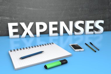 Masraflar - karatahta, defter, kalem ve cep telefonlu metin konsepti. 3d resimleme.