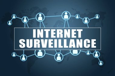 İnternet İzleme - dünya haritası ve sosyal simgelerle mavi arkaplan üzerine metin kavramı.
