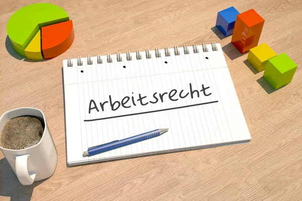 Arbeitrecht ドイツ語の労働法の単語 ノートブック コーヒーマグカップ 棒グラフ 木製の背景の円グラフでテキストコンセプト 3Dレンダリングイラスト — ストック写真