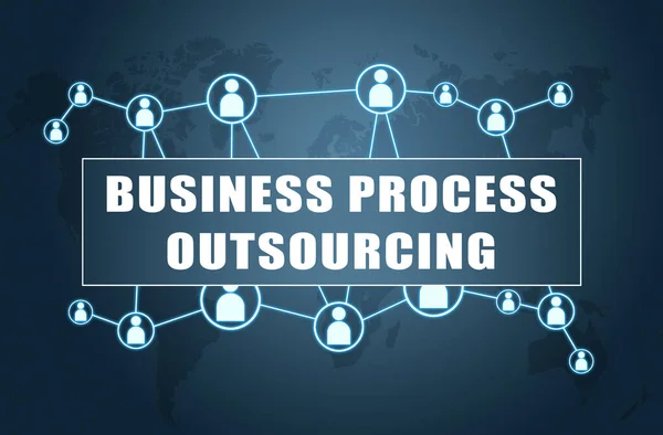 Business Process Outsourcing - text concept on blue background with world map and social icons.