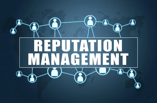 Reputation Management Text Concept Blue Background World Map Social Icons — Stock Photo, Image