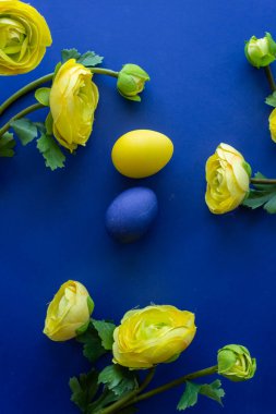 Mavi Arkaplanda Mavi Yumurtalı Sarı Çiçekler Etrafındaki Mutlu Paskalya Günleri 
