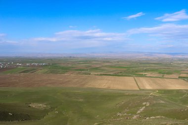 Açık yeşil alan, mavi gökyüzü ve sıcak güneş