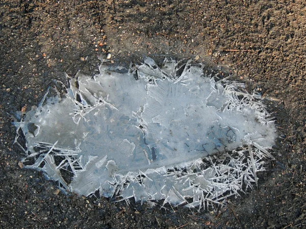 Manhã gelada. Uma pequena poça congelada. um padrão de cristais de gelo . — Fotografia de Stock