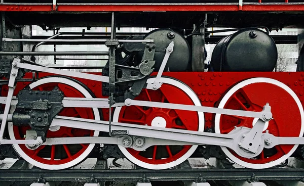 Details Van Techniek Ijzeren Wielen Van Een Oude Stoomlocomotief Retrotechniek — Stockfoto