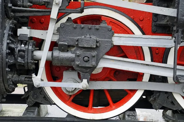 Details Van Techniek Ijzeren Wielen Van Een Oude Stoomlocomotief Retrotechniek — Stockfoto