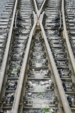      Demiryolu rayları. Çatal ve tahta uykucular. Grafik sanatları. Dikey çekim.                          