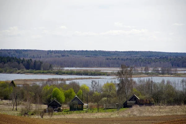Krajobraz Wiosną Kwietniu Widok Wieś Jezioro Pola Łąki Lesie — Zdjęcie stockowe