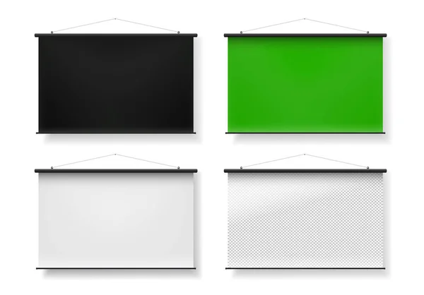 Pusty realistyczny zestaw ekran projekcyjny przenośny. Czarny, zielony, biały, przezroczysty. Ilustracja wektorowa. Na białym tle. — Wektor stockowy