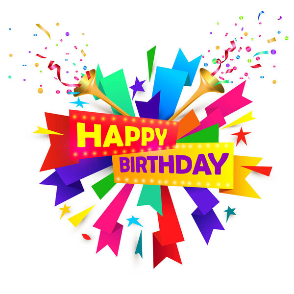 Концепция поздравления с днем рождения с музыкальным трюфелем, булочкой и конфетти на белом фоне
