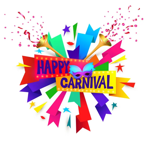 Gelukkig carnaval feestelijke concept met muzikale trompet, masker, lippen en confetti geïsoleerd op witte achtergrond — Stockvector