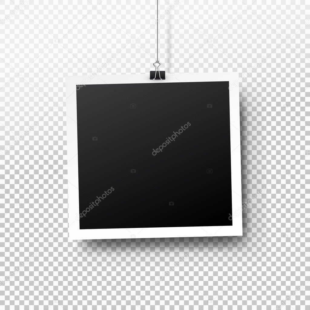 Blank photo frame set hanging on a clip. Retro vintage style. Black empty place for your text or photo. Realistic detailed photo icon design template. Vector illustration. Isolated on transparent background.