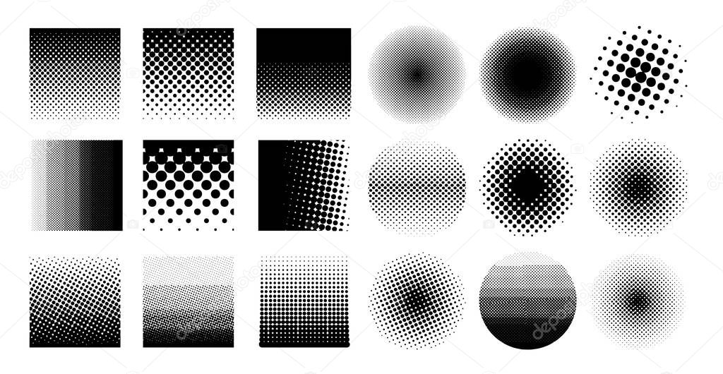 Collection circle halftone element, monochrome abstract graphic for DTP, prepress or generic concepts. Vector illustration. Isolated on white background