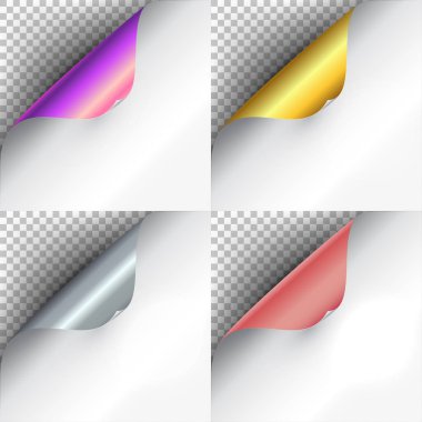 Set the curved glossy gold, silver, rose and purple gold corners of white paper with shadow. Mock-ups closeup on colorful backgrounds. Vector illustration EPS 10 clipart
