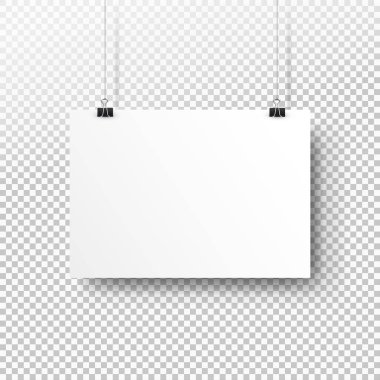 Cilt üzerinde asılı beyaz poster. Şeffaf arka plan ile boş kağıt boş kadar sahte. Düzen mockup. Yatay şablon sayfası