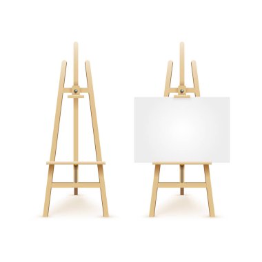 Wooden easel with mock up empty blank canvas isolated on white background clipart