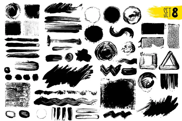 Σετ μαύρη μπογιά, μελάνι πινελιές, πινέλα, γραμμές. Βρώμικο καλλιτεχνική σχεδιαστικά στοιχεία, κουτιά, πλαίσια. Εικονογράφηση διάνυσμα. Απομονωμένα σε λευκό φόντο. Ελεύθερο σχέδιο. — Διανυσματικό Αρχείο