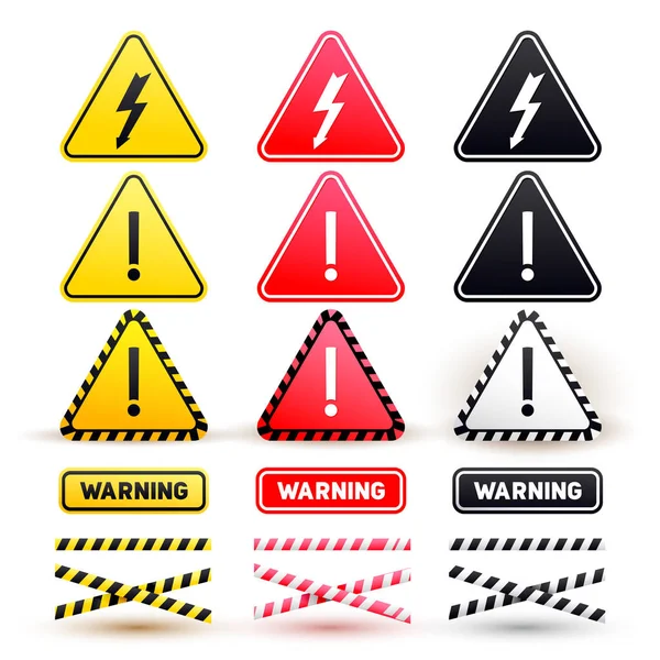 Set of warning signs of attention. Yellow, red and black signs. Vector illustration. Isolated on white background — Stock Vector