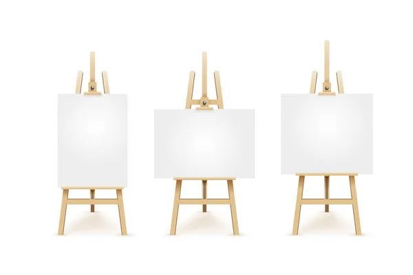 Set di cavalletti marroni in legno con finte tele quadrate vuote vuote. Isolato bianco su sfondo. Illustrazione vettoriale EPS 10 . — Vettoriale Stock