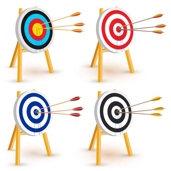 Set of target with 3 arrows. Dart arrow hitting center target on white background, flat vector illustration — Stock Vector