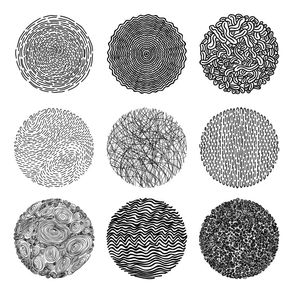 Hand texture. Set. The art collection of black design elements: circles, brush, wavy lines, abstract backgrounds, patterns. Vector illustration EPS 10. Isolated on white background. Freehand drawing. — Stock Vector