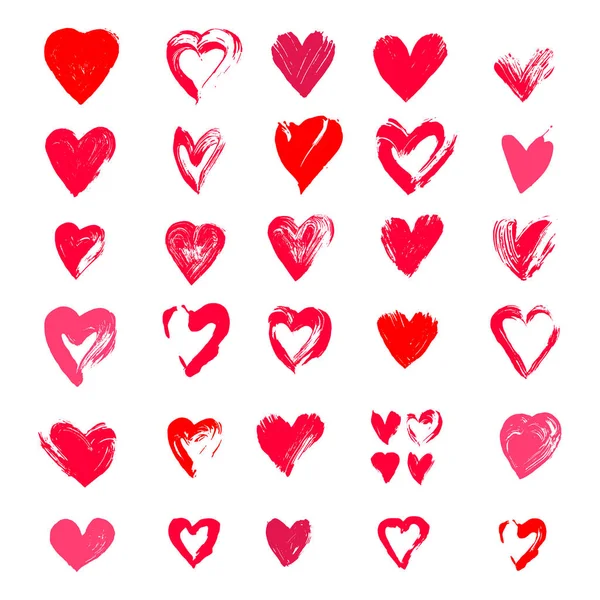 Painted hearts from grunge brush strokes. Collection of love symbols for Valentine card, banner. Distress texture design elements. Vector illustration. Isolated on white background. Freehand drawing. — Stock Vector