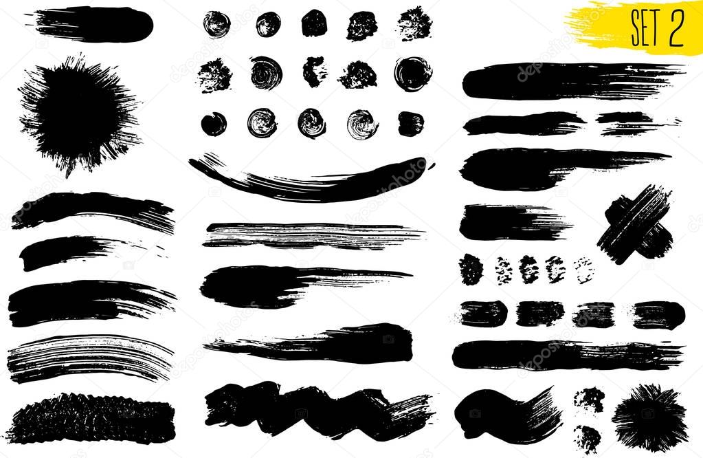 Set of black paint, ink brush strokes, brushes, lines. Dirty artistic design elements. Vector illustration. Isolated on white background. Freehand drawing.