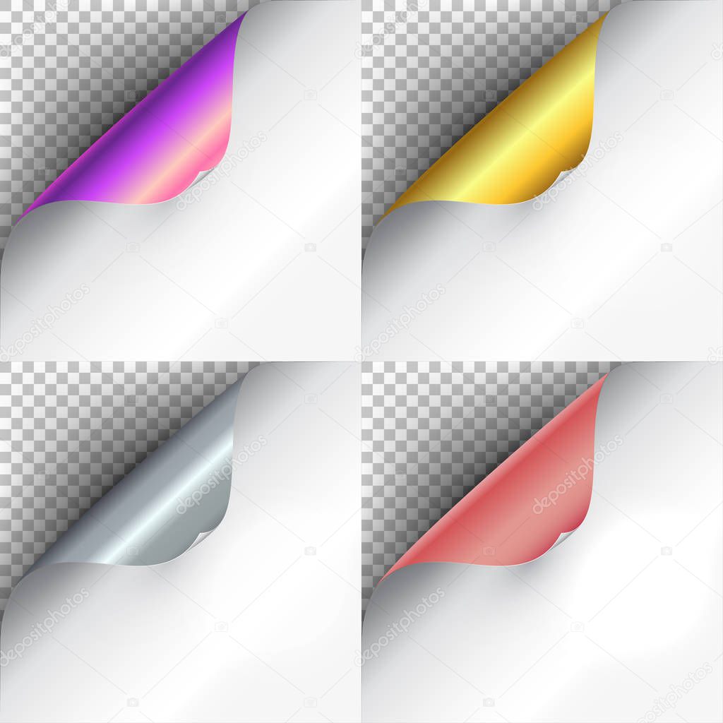 Set the curved glossy gold, silver, rose and purple gold corners of white paper with shadow. Mock-ups closeup on colorful backgrounds. Vector illustration EPS 10