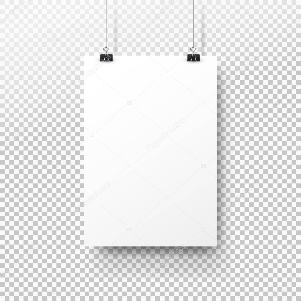 White poster hanging on binder. Transparent background with mock up empty paper blank. Layout mockup. Vertical template sheet