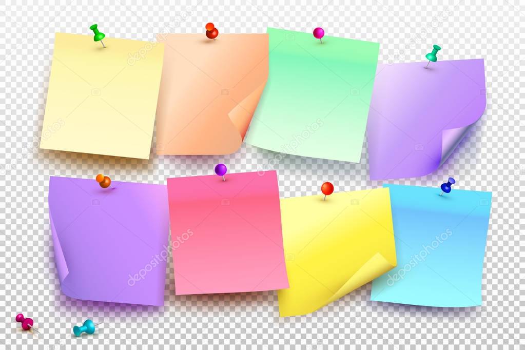 Collection of different colored sheets of note papers with curled corner and push pin, ready for your message. Vector illustration. Isolated on transparent background.