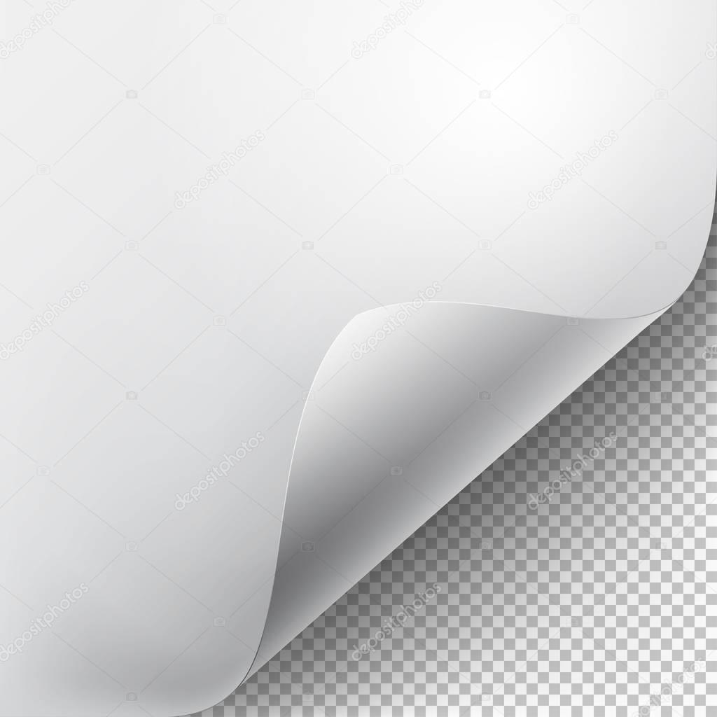 Curved corner of a white paper with shadow. Mock-ups close-up on a transparent background. Vector illustration EPS 10