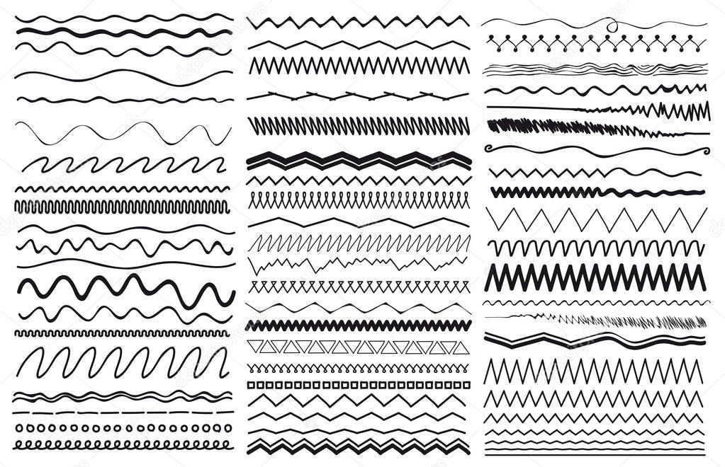 Set of wavy curved and zig zag criss cross horizontal lines. Vector illustration. Isolated on white background. Freehand drawing.
