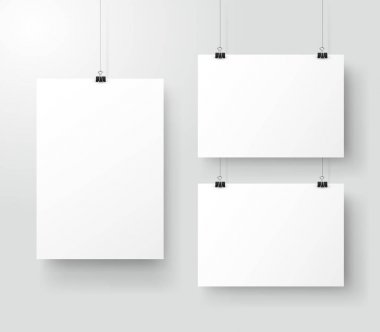 Cilt üzerinde asılı beyaz poster. Sahte kadar boş kağıt boş gri duvar. Düzen mockup. Dikey ve yatay kalıp sayfası. Vektör çizim