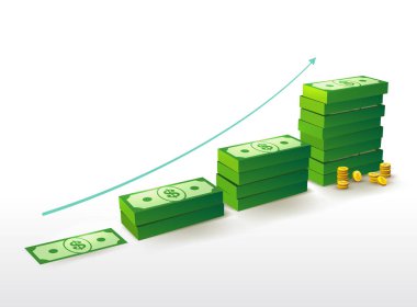 Para banknot ve madeni paralar, grafik yukarı ok ile yükselen yığınları. Vektör çizim. Beyaz arka plan üzerinde izole