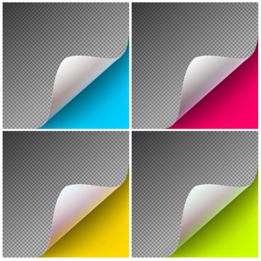 Set os curved corner of a white paper with shadow. Mockups close-up on a pink background. Vector illustration EPS 10 clipart