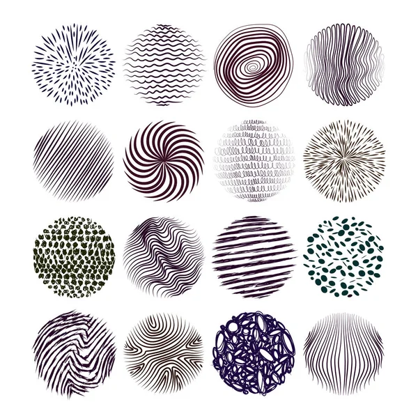 Collection of hand drawn textures. The art of design elements: circles, brush, wavy lines, abstract backgrounds, patterns. Vector illustration. Isolated on white background. Freehand drawing. — Stock Vector