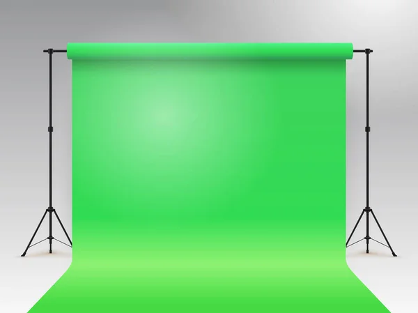 Tom fotostudio. Realistiska mall mock upp. Bakgrunden står (stativ) med grönboken bakgrund. Grå bakgrund. Vektorillustration. — Stock vektor