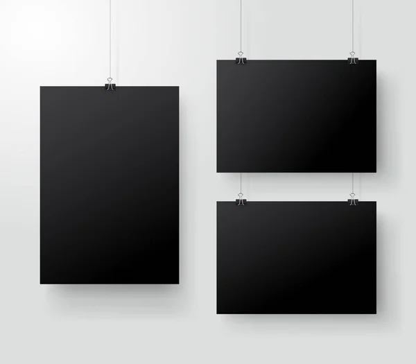 Schwarzes Plakat, das am Ordner hängt. graue Wand mit einer Attrappe leeren Papiers leer. Layout-Attrappe. vertikale und horizontale Vorlage Blatt. Vektorillustration — Stockvektor