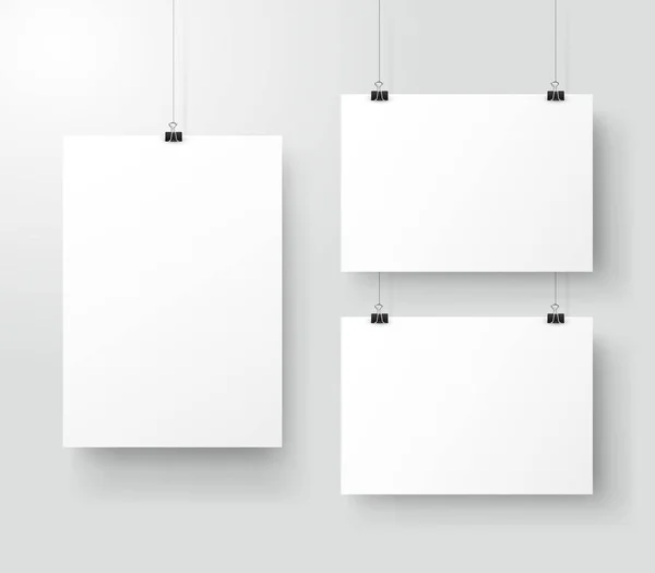 Witte poster opknoping op binder. Grijze muur met mock up leeg papier leeg. Lay-out mockup. Verticale en horizontale sjabloon blad. Vectorillustratie — Stockvector