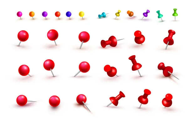 Collection of various red and colorful push pins. Thumbtacks. Top view. Front view. Close up. Vector illustration. Isolated on white background. — Stock Vector