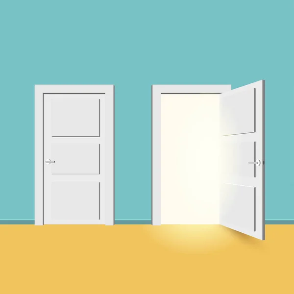 Portas brancas fechadas e abertas. Isolado em fundo turquesa. Ilustração vetorial em design de estilo plano . — Vetor de Stock