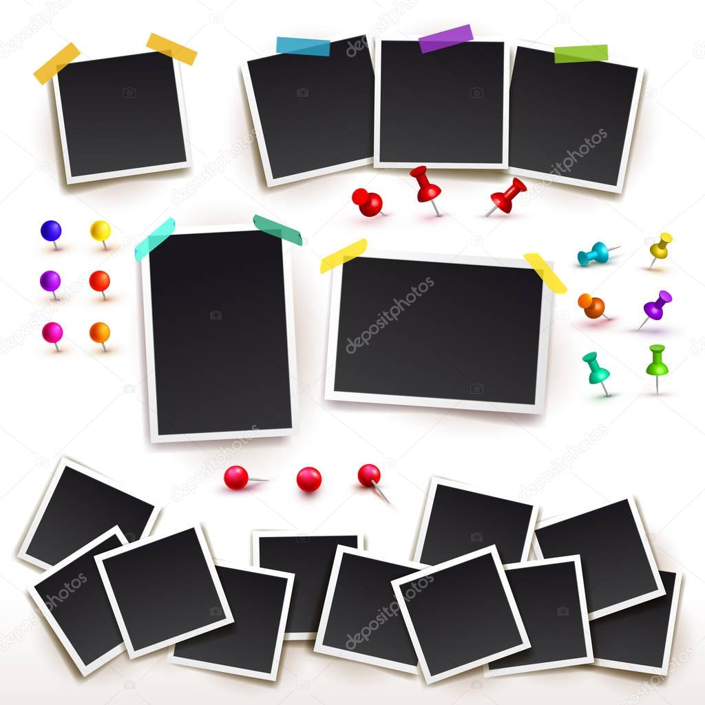 Collection of Square frame template with shadows and push pins. Photo frames horizontal and vertical. Vector illustration EPS 10. Isolated on white background