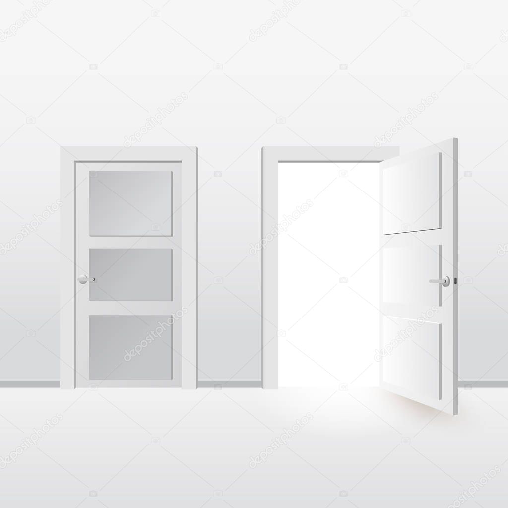 White doors closed and open. Isolated on gray background. Vector illustration in flat style design.