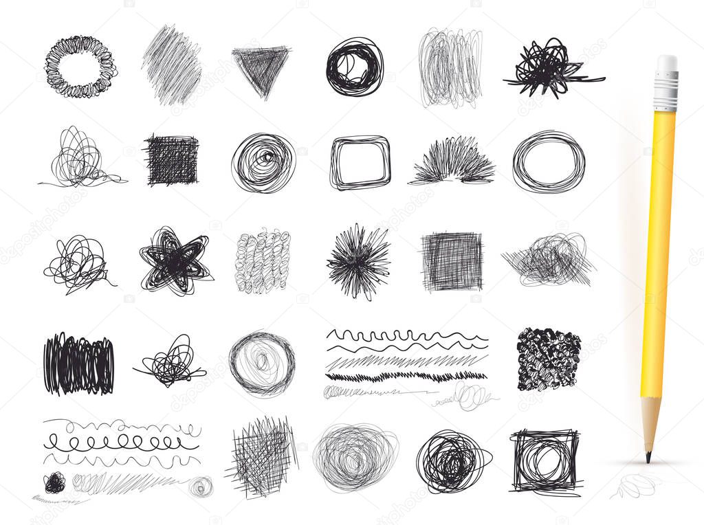 Set of ink lines of hand drawn textures, scribbles of pen. Freehand drawing. Vector illustration. Isolated on white background
